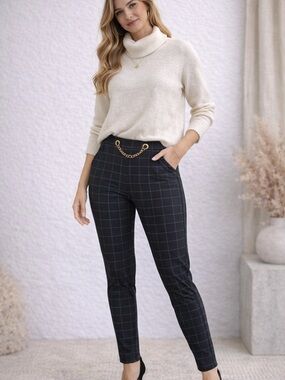 High-Waist Windowpane Ankle Pants in Black - Classic Workwear